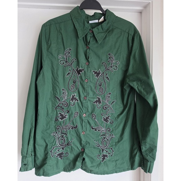 Collections Etc. Tops - VTG Collections Etc. Womens Shirt L Floral Cotton Green Top Embroidery Applique